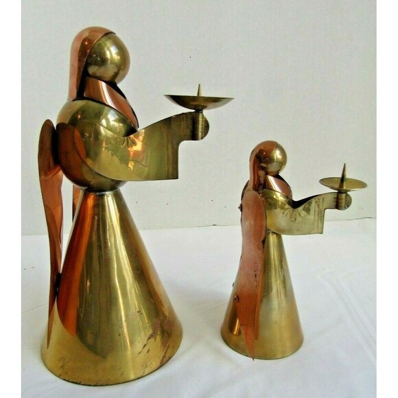 Vintage Copper Brass Angel Candle Holders Set of 2 Christmas Holiday 9.5" & 6.5" - Picture 2 of 7